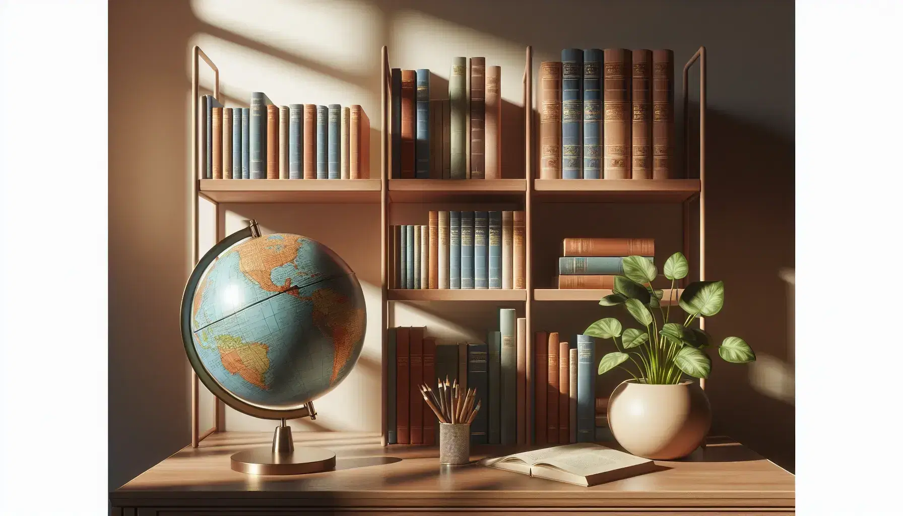 Estantería de madera con libros variados y un globo terráqueo sobre mesa a juego, acompañados de una planta en maceta blanca.