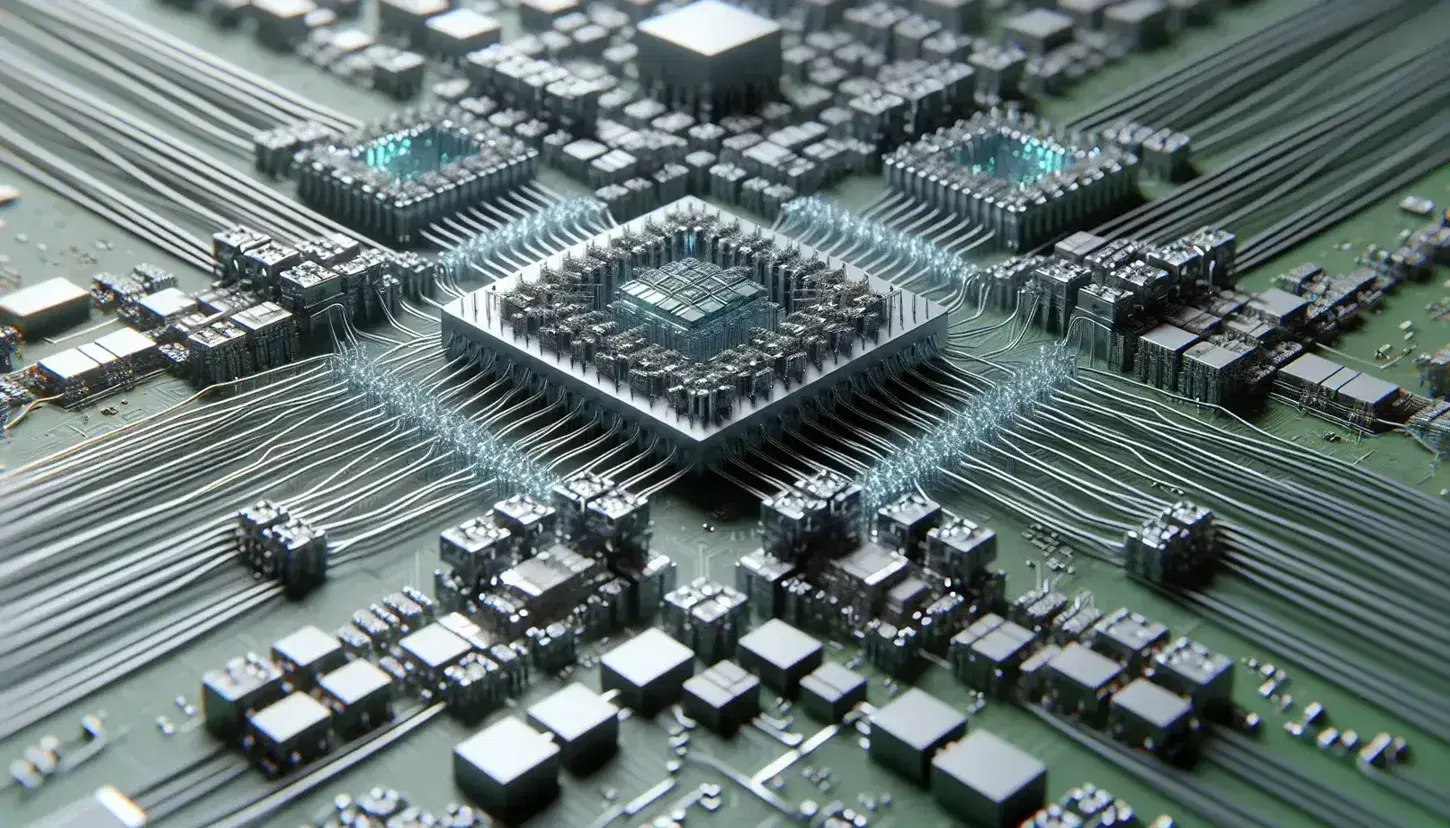 Close-up of a network of metal processors on green board with silver connections, various electronic components and soft lighting.