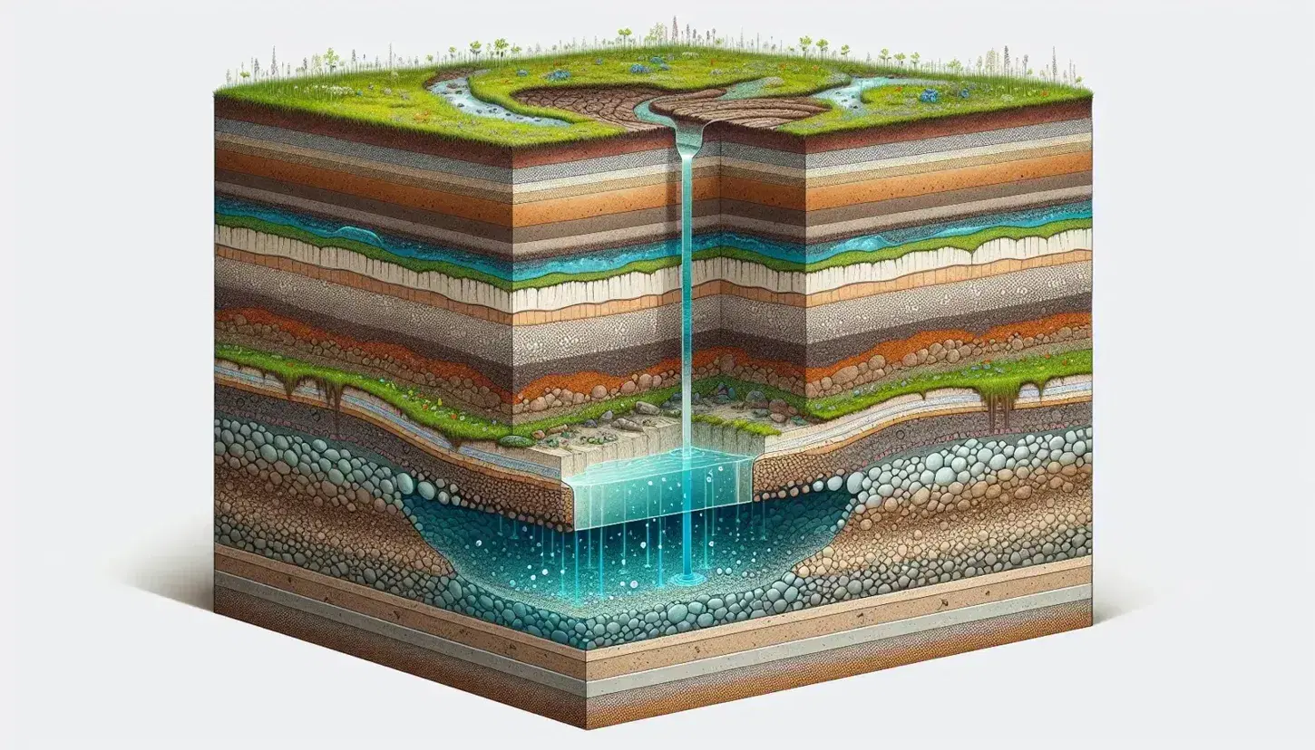 Sección transversal del suelo mostrando capas con vegetación, suelo orgánico, estratos geológicos, un acuífero y una formación rocosa impermeable.