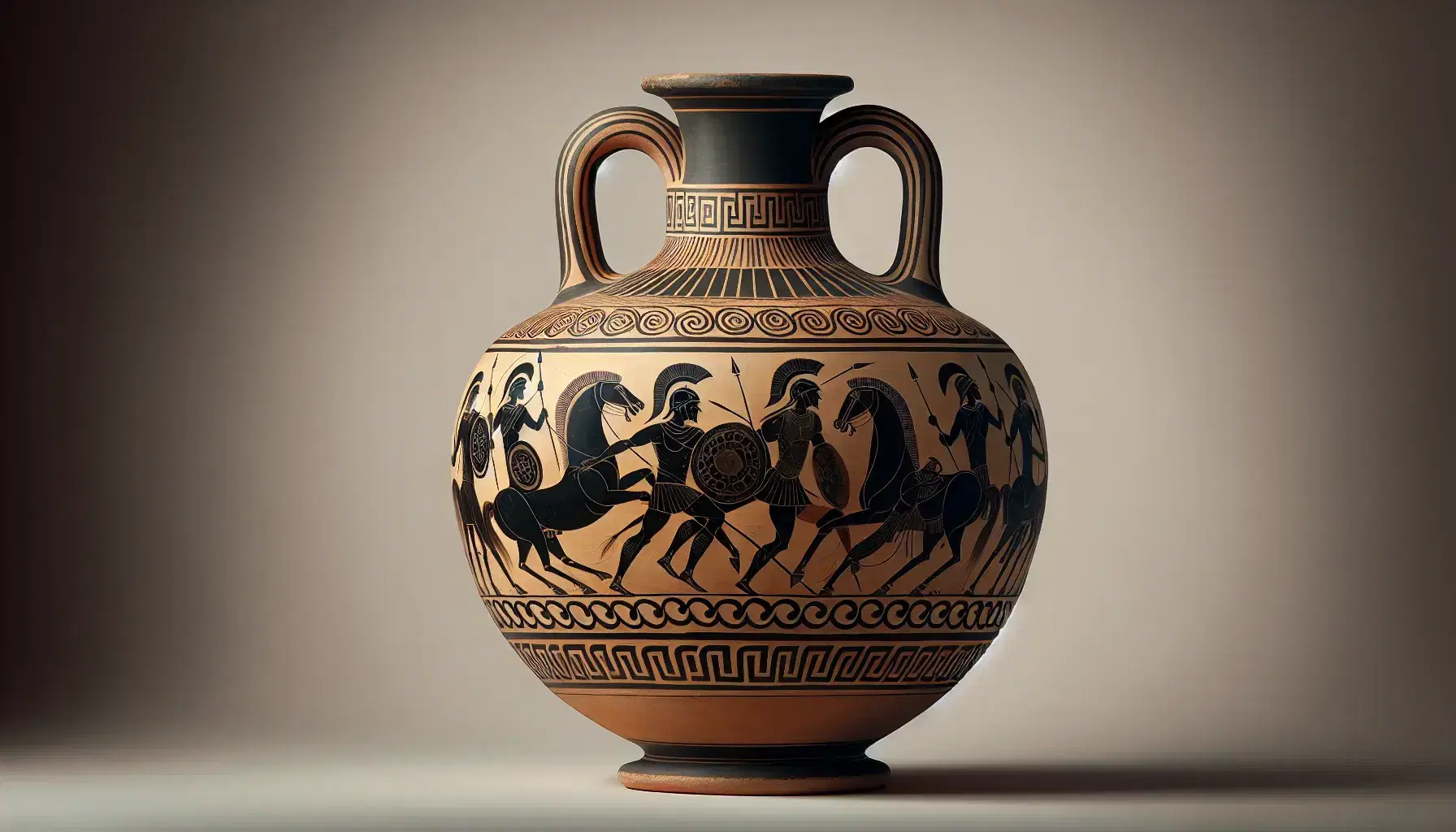 Ánfora griega antigua con escenas de batalla y carros de guerra pintados en tonos negros sobre fondo terracota, mostrando detalles de guerreros y caballos en movimiento.