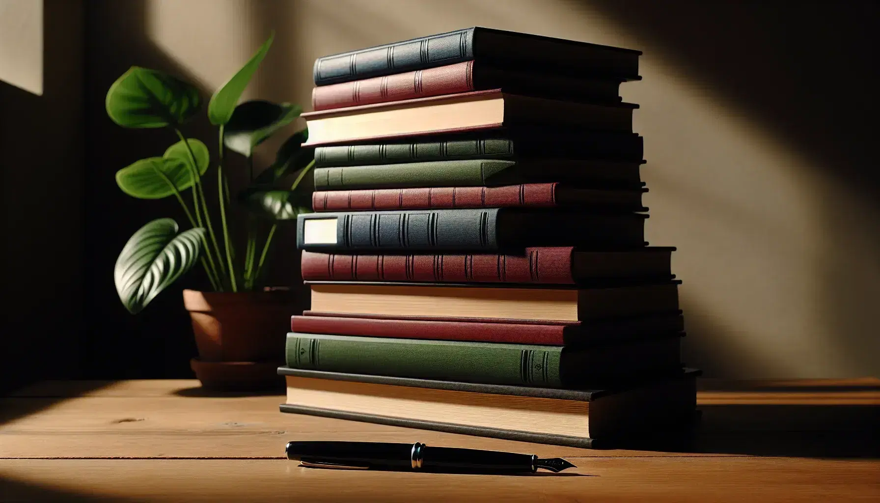 Stacked hardcover books in varying sizes and solid colors on a wooden table with a black fountain pen beside them, and a blurred potted plant in the background.