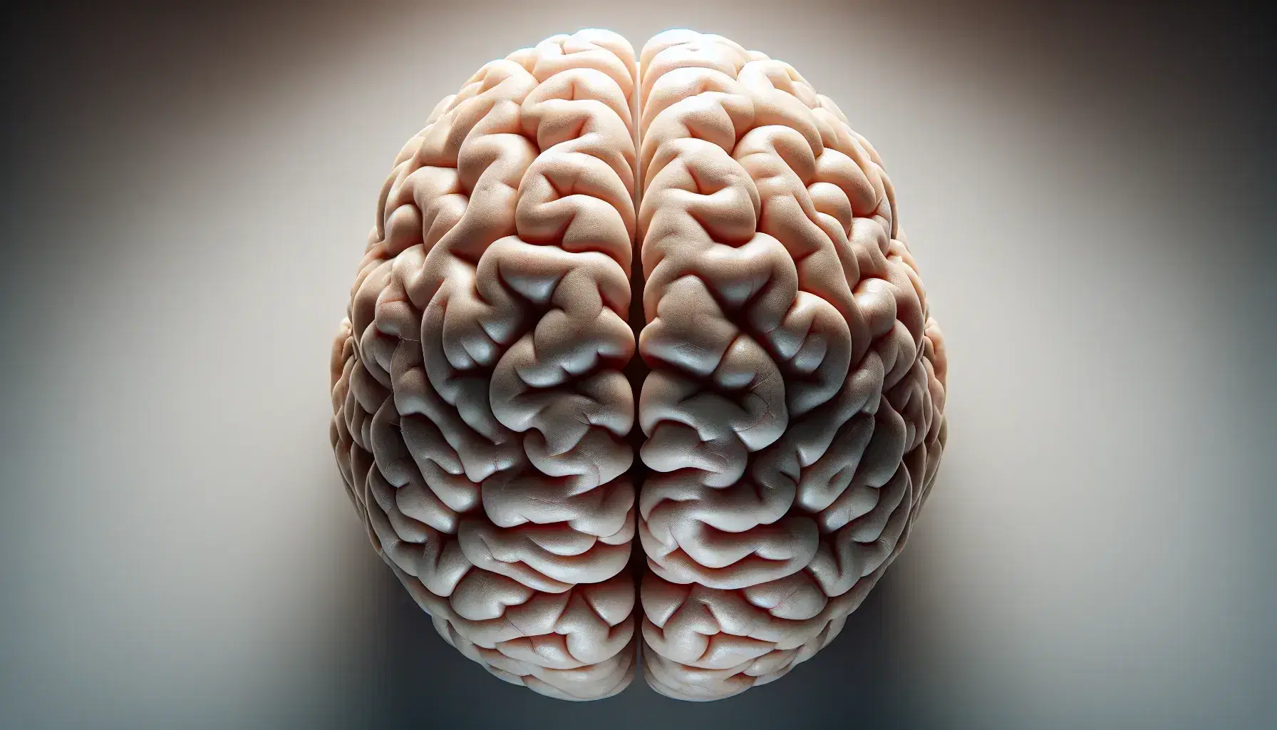 Vista superior detallada de un cerebro humano realista mostrando surcos, lóbulos cerebrales, hipocampo, corteza prefrontal dorsolateral, giro angular y corteza cingulada anterior en fondo neutro.