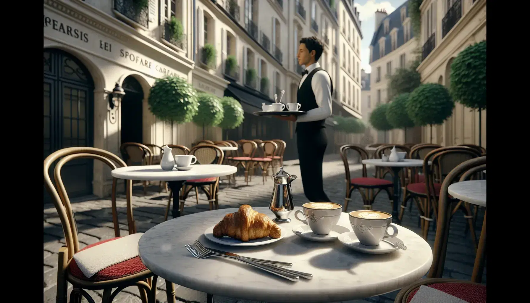 Traditional French café scene with a marble-topped bistro table, red-cushioned iron chairs, coffee cups, a croissant, and a waiter serving on a cobblestone street.