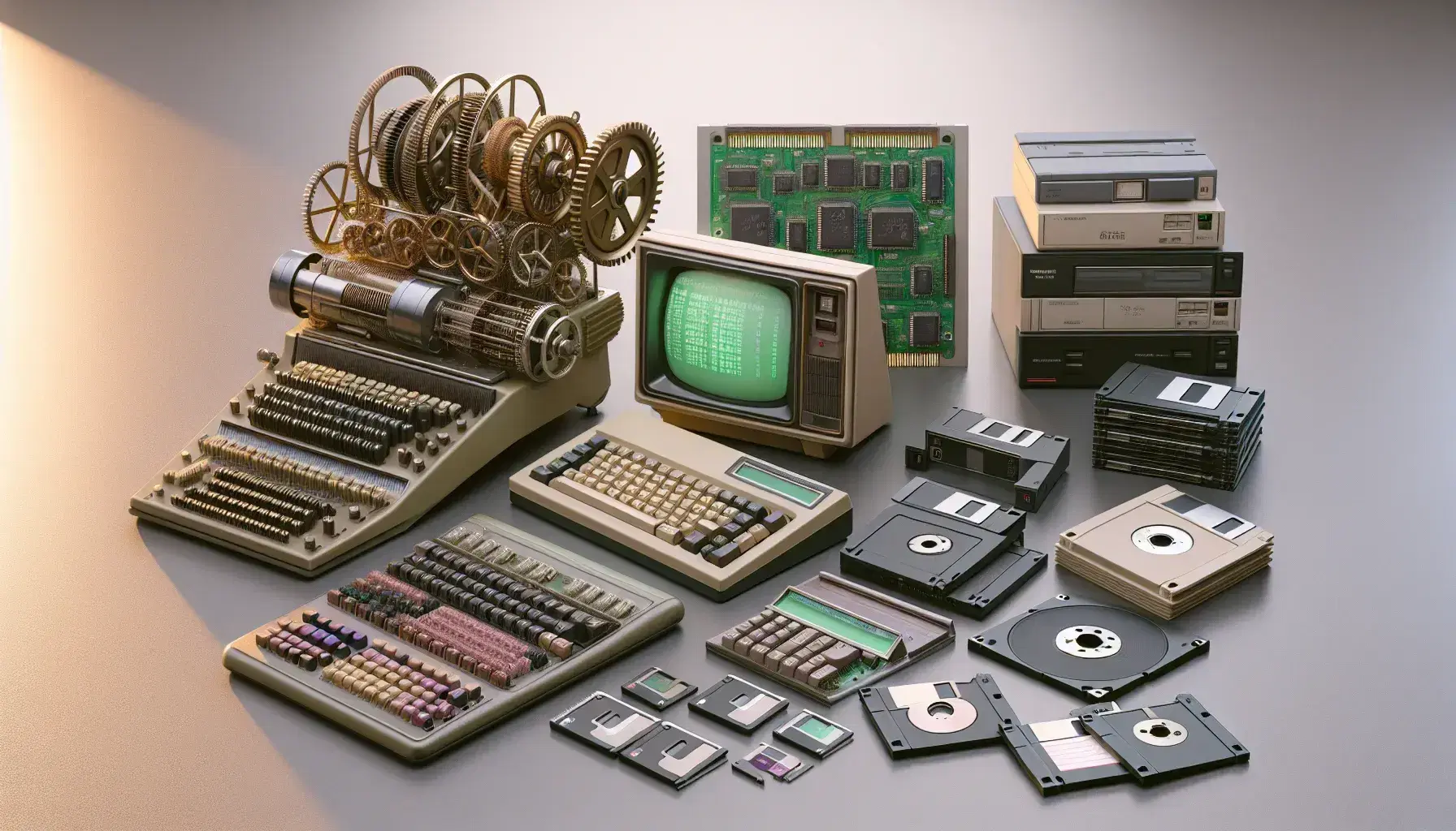 Colección de dispositivos de cómputo antiguos a modernos, incluyendo calculadora mecánica, PC de los 80, disquetes y tablet actual.