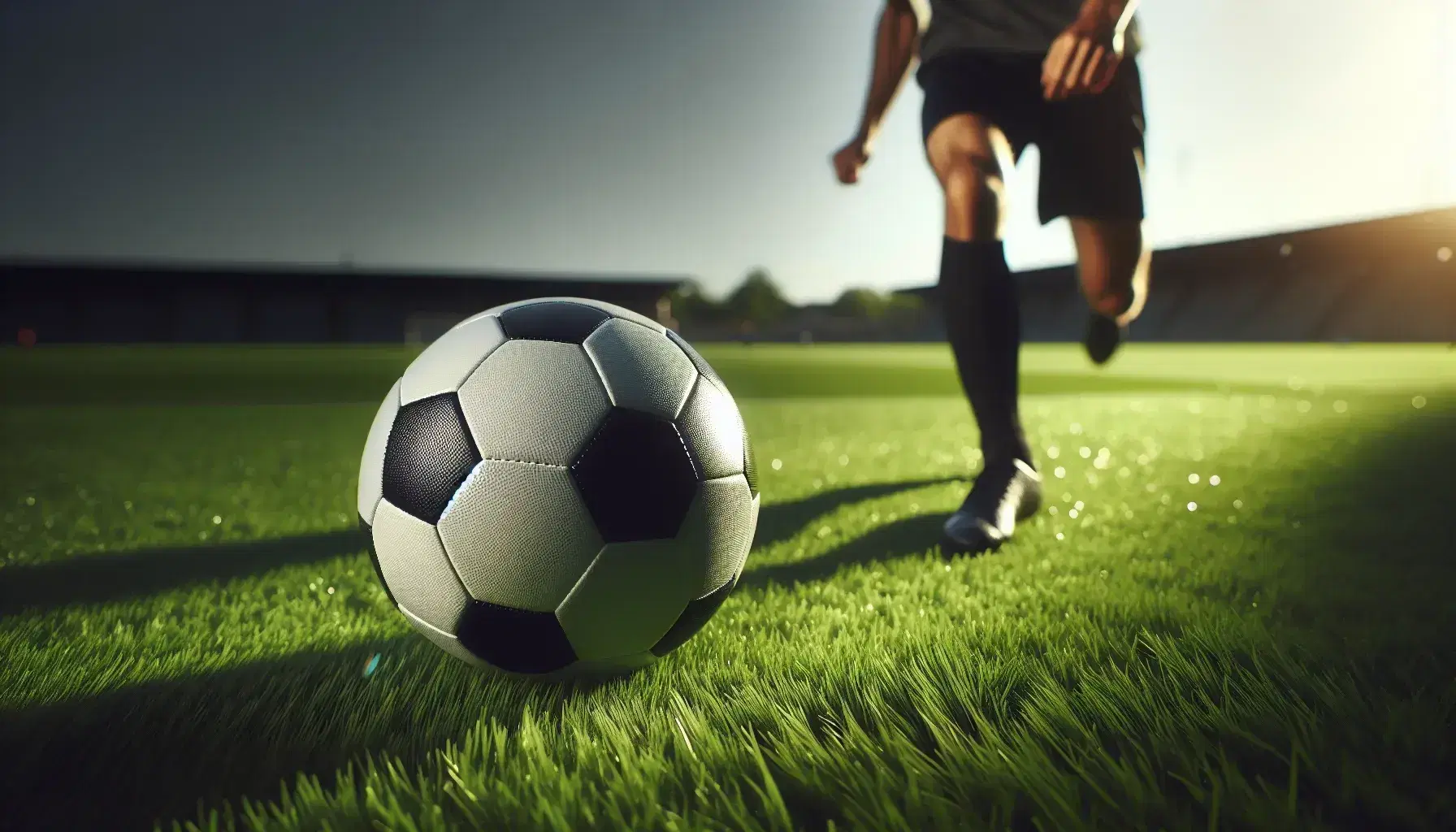 Balón de fútbol clásico en primer plano sobre césped verde con figura humana desenfocada en el fondo practicando técnica futbolística.