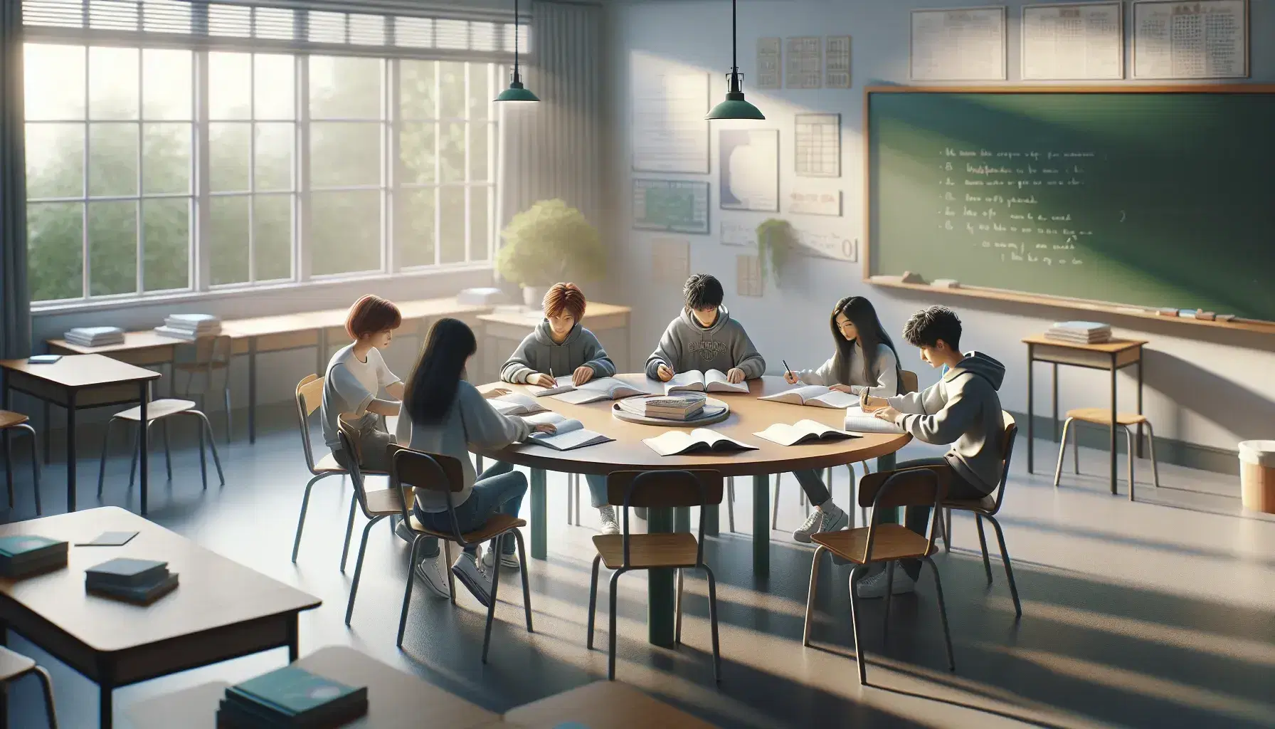 Four diverse students engage in group study around a round table in a well-lit classroom, with textbooks, notes, and a clean chalkboard in the background.