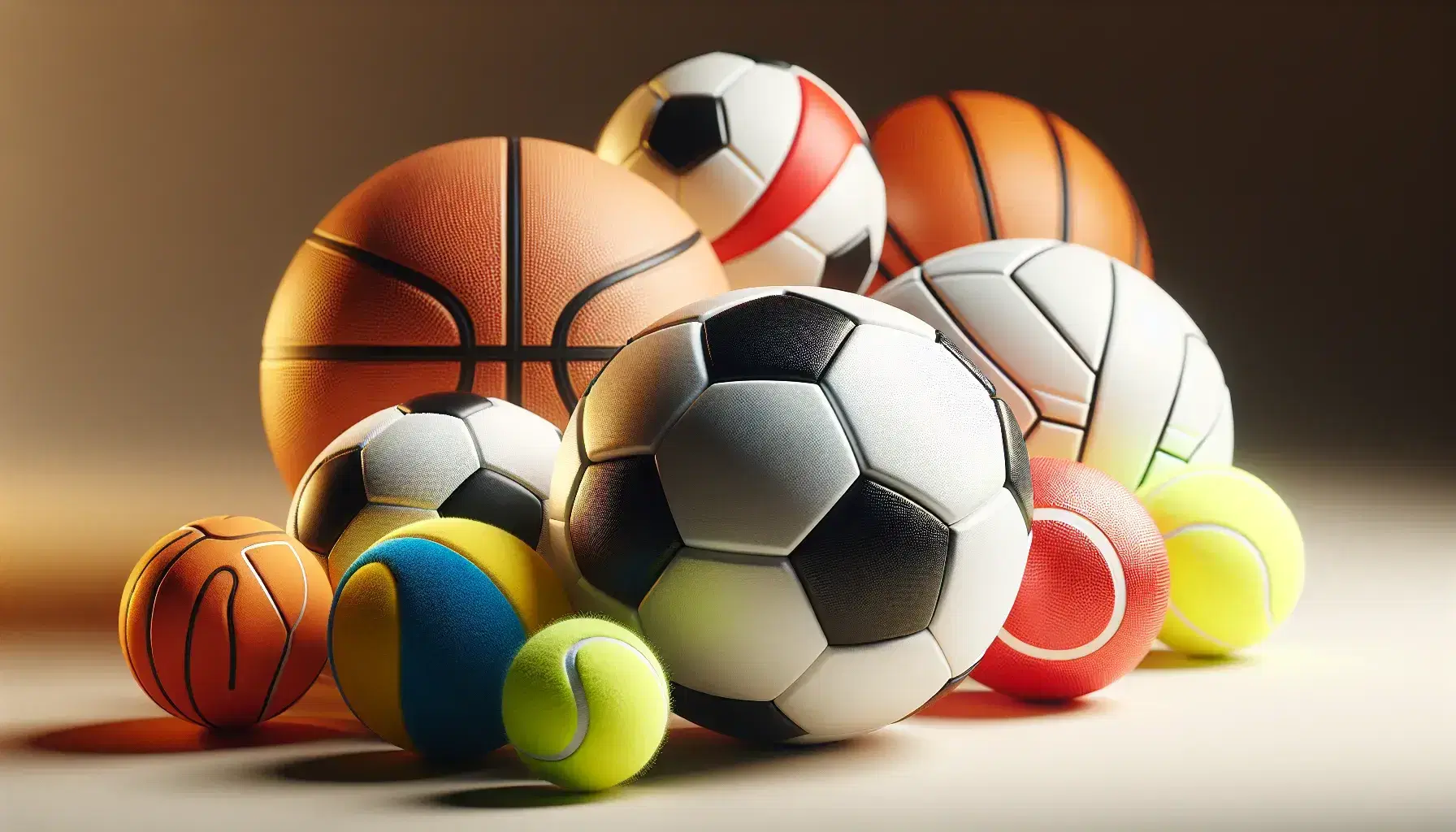Colección de balones deportivos con fútbol, baloncesto, béisbol, tenis y voleibol en fondo neutro.