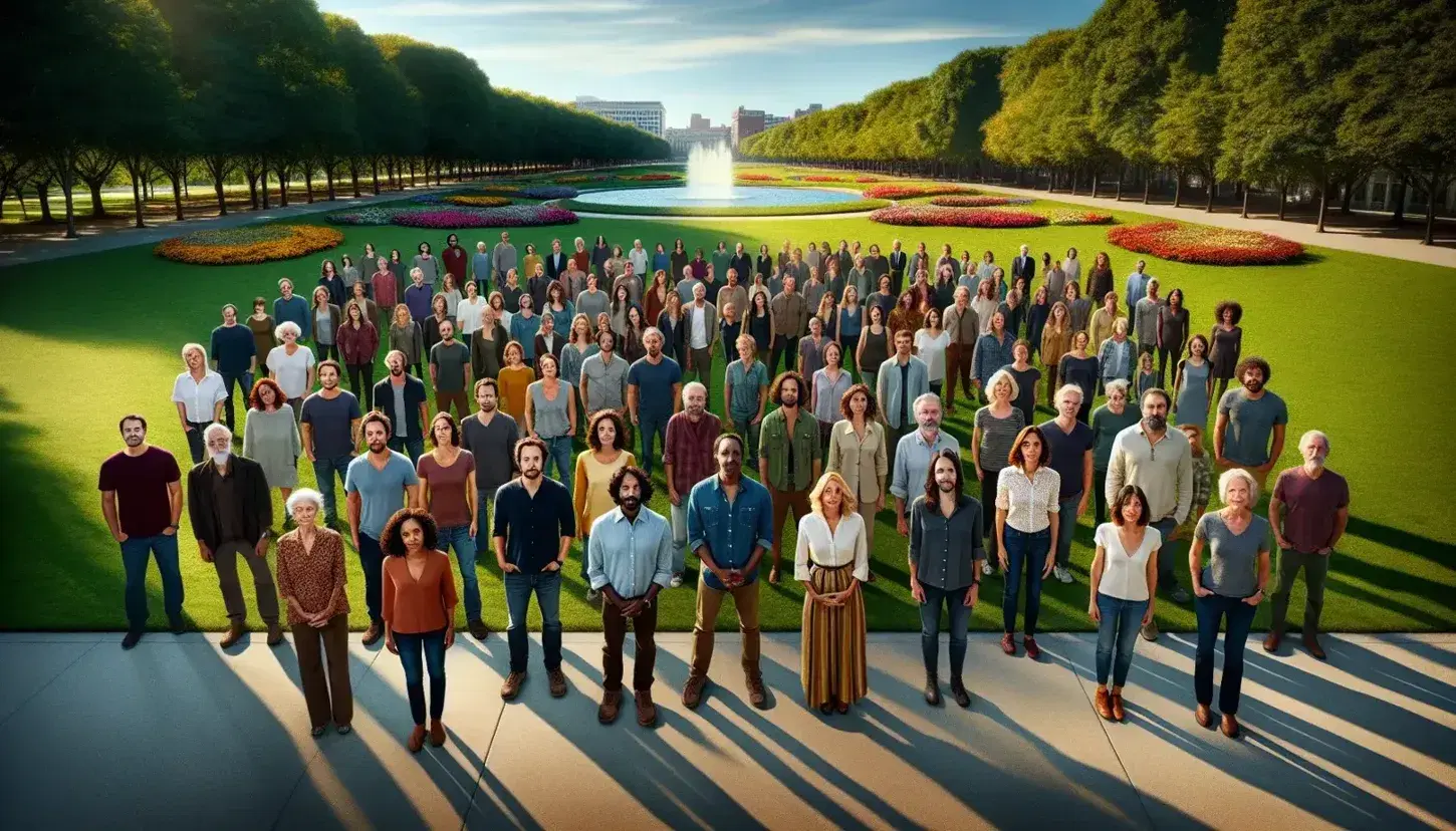 Diverse group standing in a semi-circle in a lush park, symbolizing unity and inclusivity, under a clear blue sky with soft natural lighting.