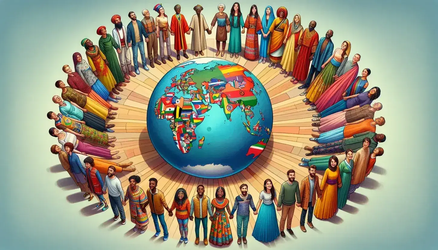 Cerchio di persone multietniche in abiti tradizionali che si tengono per mano attorno a un globo colorato su supporto in legno.
