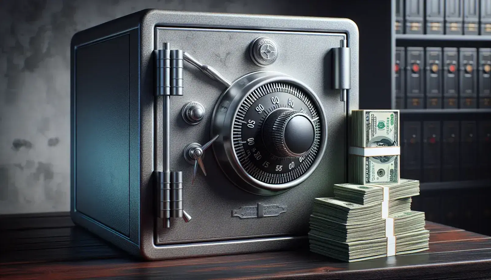 Close-up view of a metal safe with a combination dial and a stack of bound banknotes on a wooden surface, with a soft-focus background.