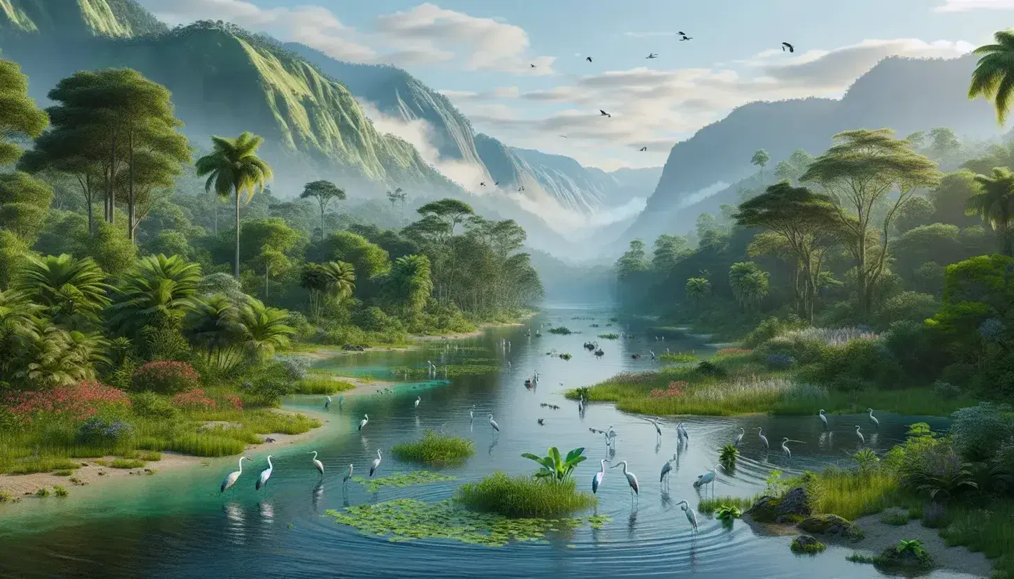 Paisaje natural con río de aguas claras, vegetación verde, montañas con niebla, aves acuáticas y una figura humana observando, bajo un cielo despejado.