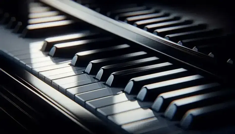 Close up of shiny black and white keys of a grand piano, with soft reflections and dark blurry background.