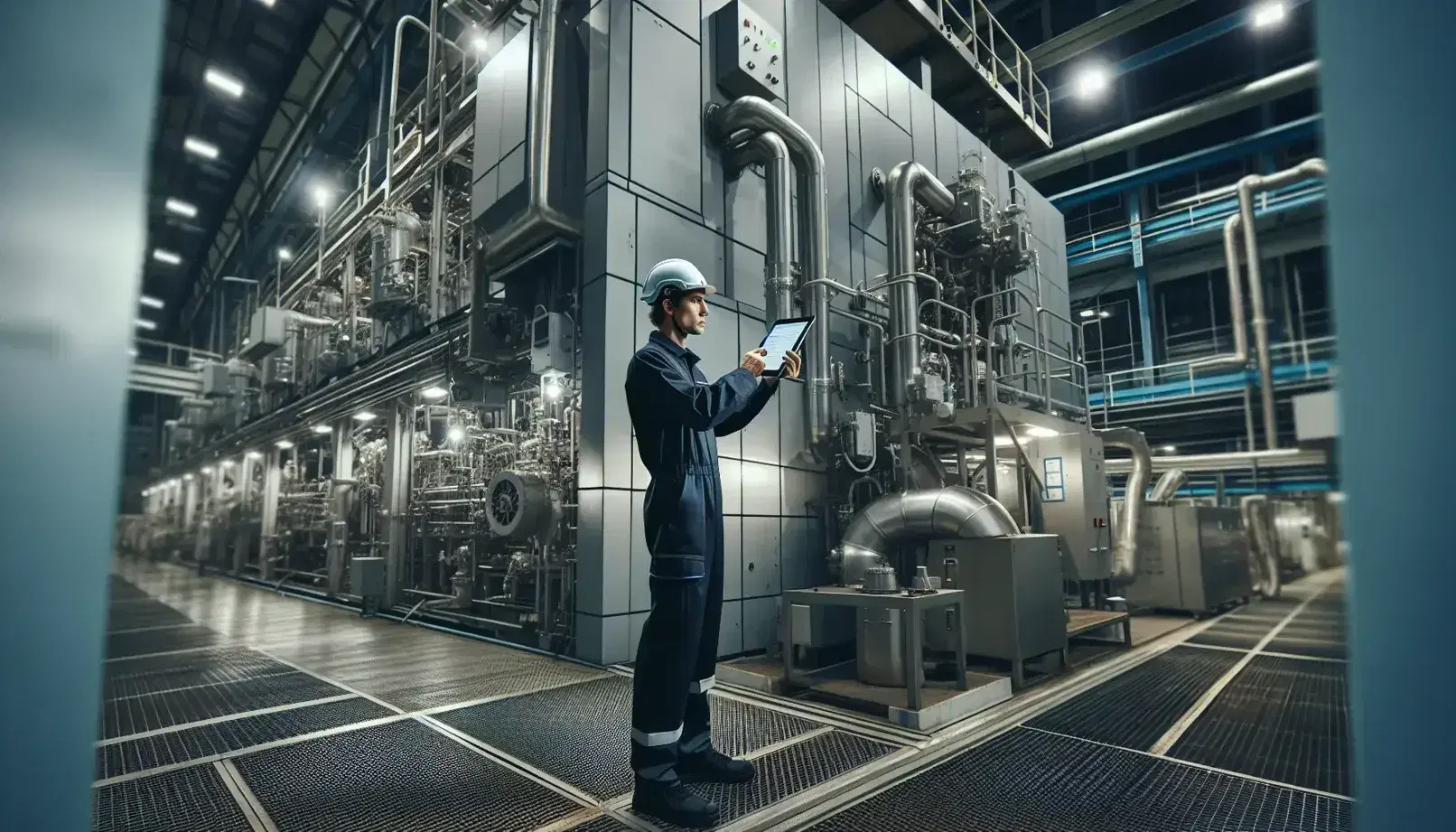 Técnico con casco de seguridad y tablet supervisa maquinaria industrial compleja en planta de producción con tuberías de acero.