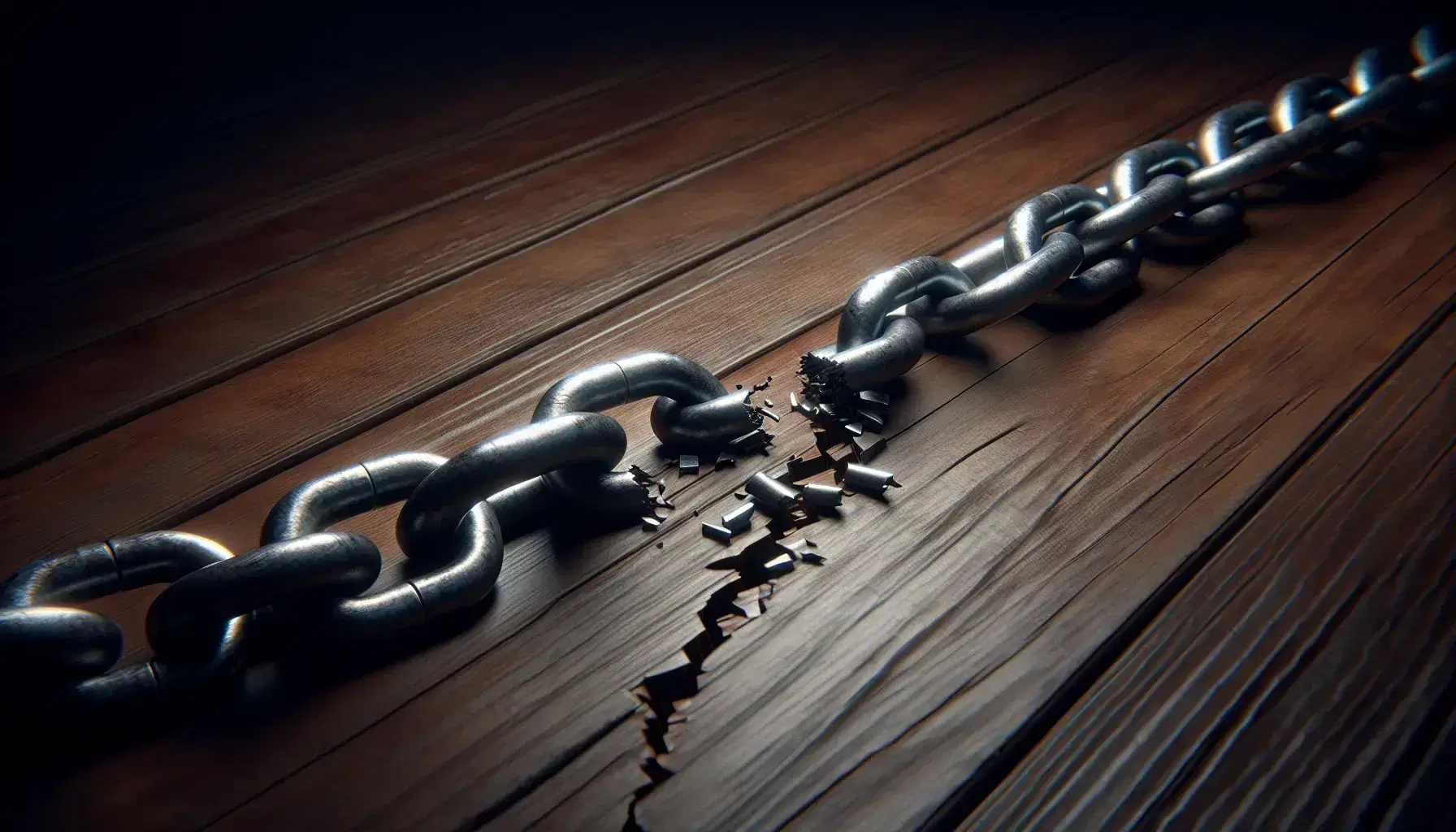 Broken metal chain on dark wooden surface with light shadow, highlighting the broken ring and wood pattern.