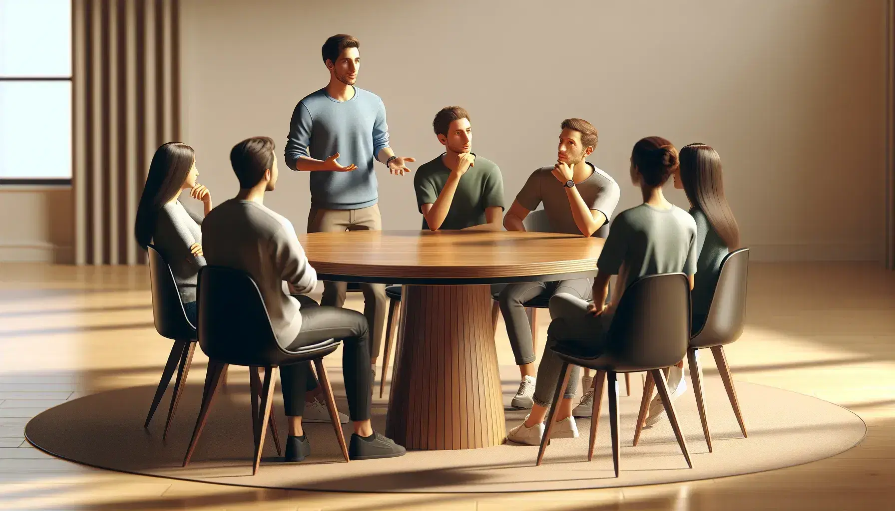 Grupo de cinco personas en reunión de trabajo alrededor de una mesa redonda de madera, con un hombre de pie gestualizando y los demás atentos.