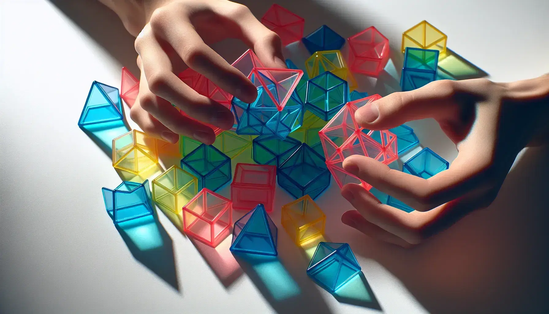 Hands arranging colorful translucent geometric shapes into a tessellation on a white background, highlighting blue triangles, red squares, green pentagons, and yellow hexagons.