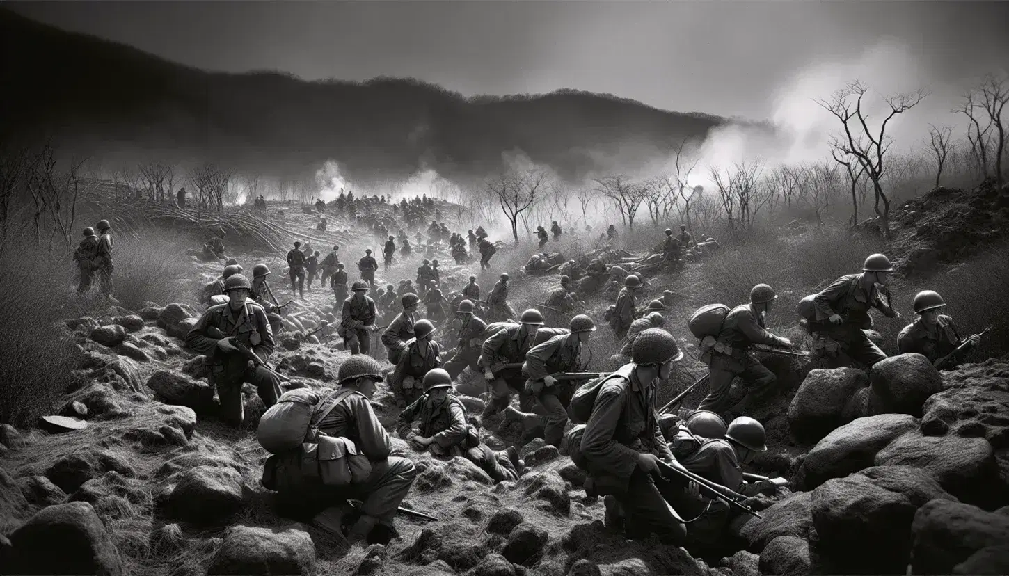Soldati in uniforme avanzano su terreno roccioso durante la Guerra di Corea, con tracce di fumo nel cielo.