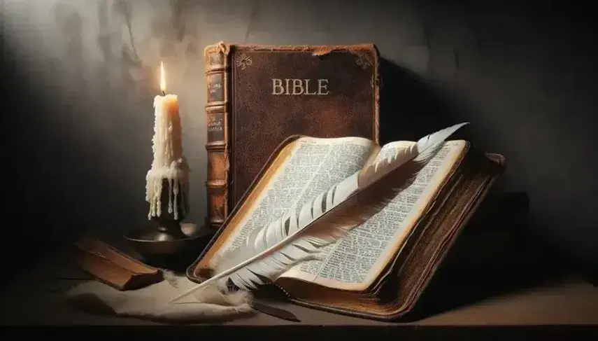 Biblia antigua de cuero marrón sobre atril de madera oscura con pluma y vela encendida, reflejando una atmósfera de estudio y reflexión.