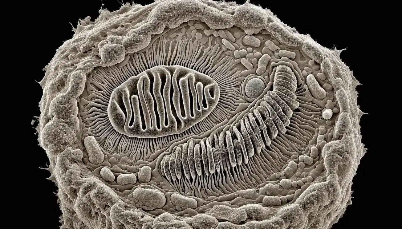 Vista microscópica de un mitocondrio con membrana doble y crestas internas, junto a un cloroplasto con tilacoides apilados en el citoplasma celular.