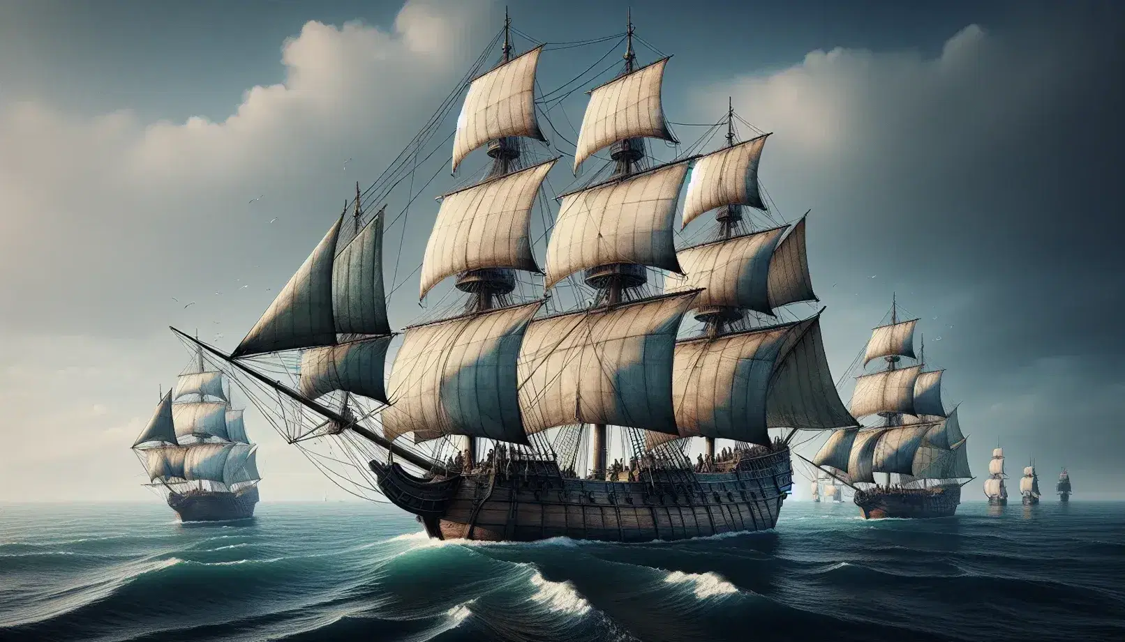 Tre antiche navi a vela in formazione su mare calmo, vele quadre bianche usurate, equipaggio in abiti d'epoca, cielo azzurro con nuvole sparse.