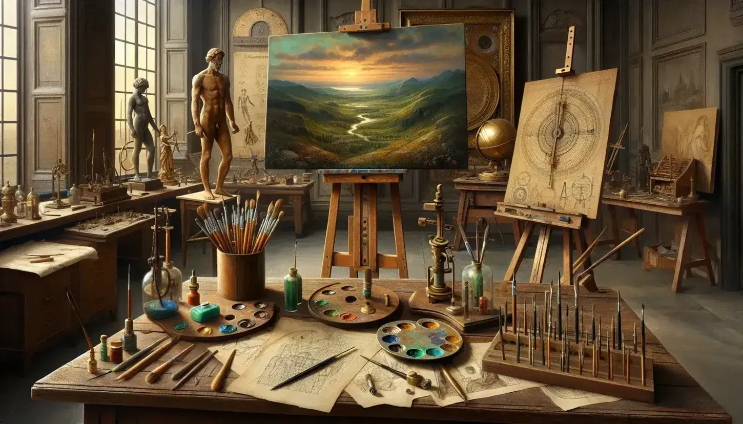 Renaissance workshop with an easel displaying an unfinished landscape painting, a table with scientific instruments, anatomical sketches, and a life-sized clay human sculpture.