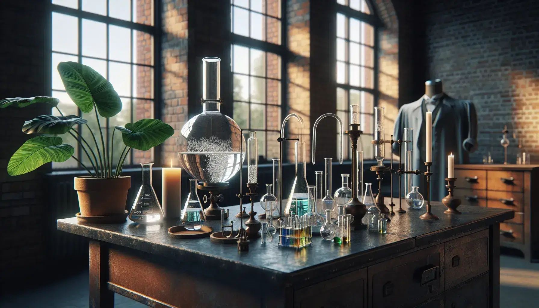 Laboratorio scientifico vintage con attrezzature in vetro, uomo in camice osserva reazioni chimiche accanto a candela accesa e pianta verde.