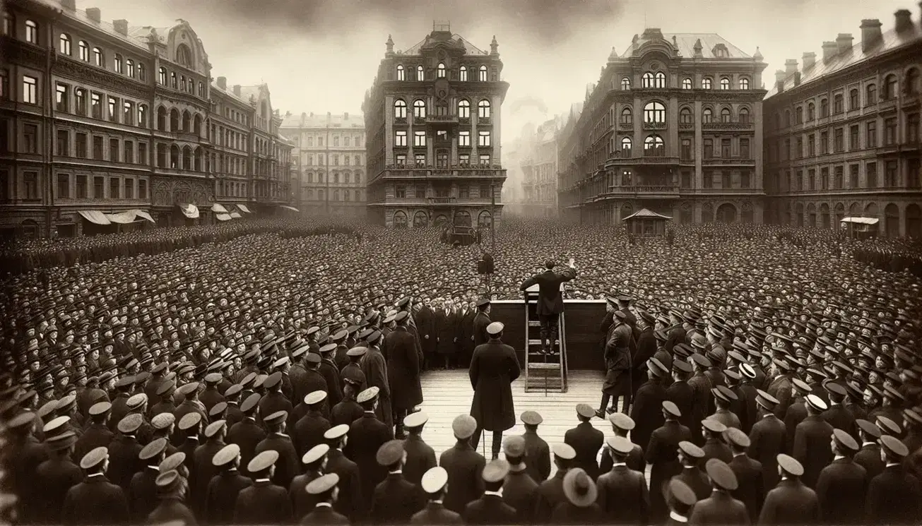 Diverse crowd in a 1920s European square listens to a Middle Eastern man passionately speaking from a platform, with uniformed men in the foreground.