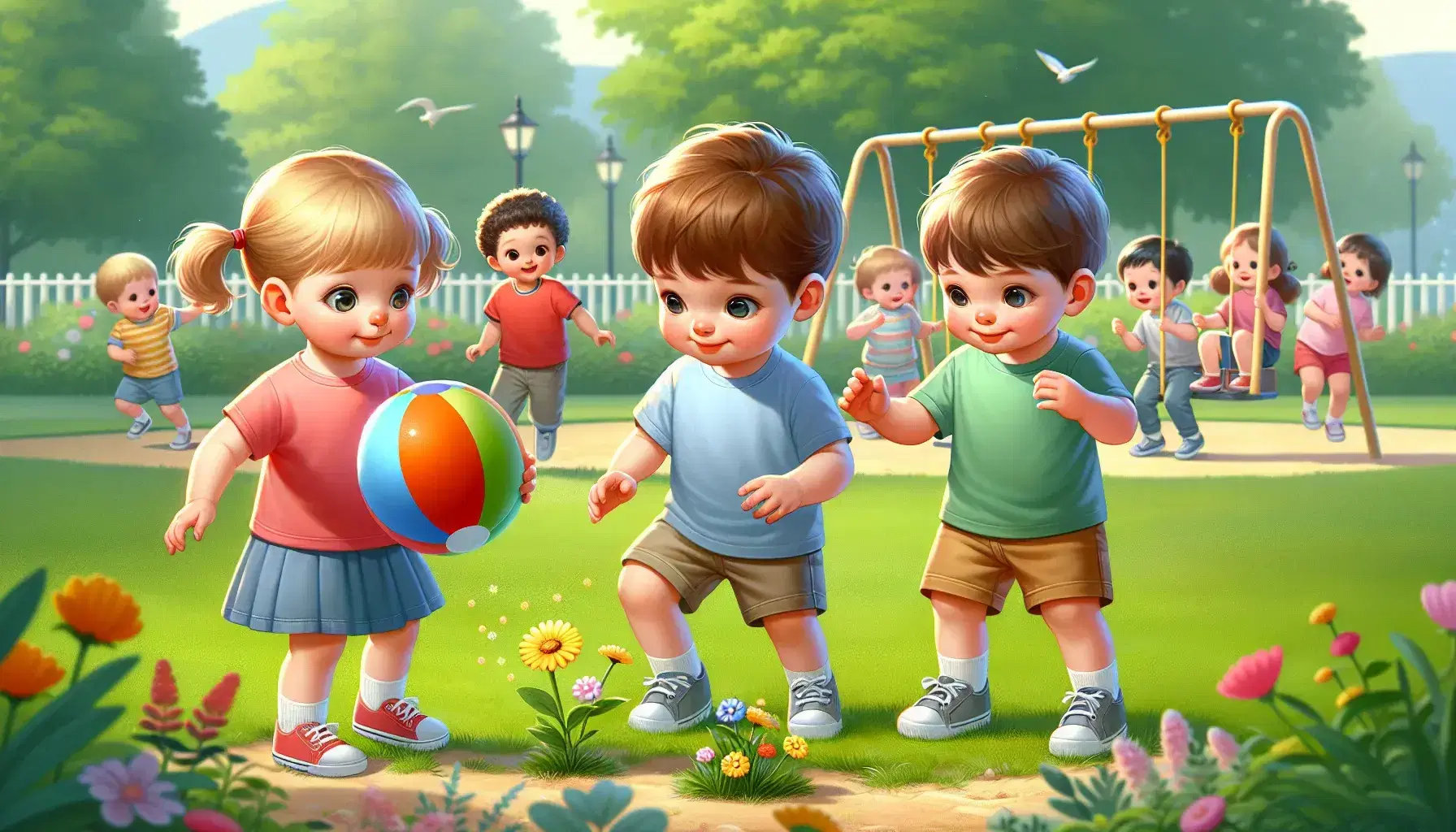 Niños jugando al aire libre en un parque, con un niño sosteniendo un balón y una niña observando una flor, otros corriendo y uno en un columpio.