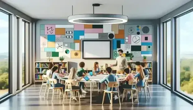 Aula luminosa con estudiantes diversos alrededor de una mesa redonda con dispositivos electrónicos, profesor explicando y proyector listo para uso.