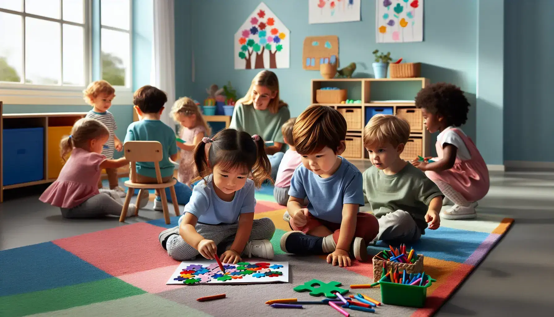 Niños pequeños de diversas etnias jugando y aprendiendo en un aula colorida, con un niño armando un rompecabezas y una niña dibujando, mientras un adulto lee un libro a otros niños.