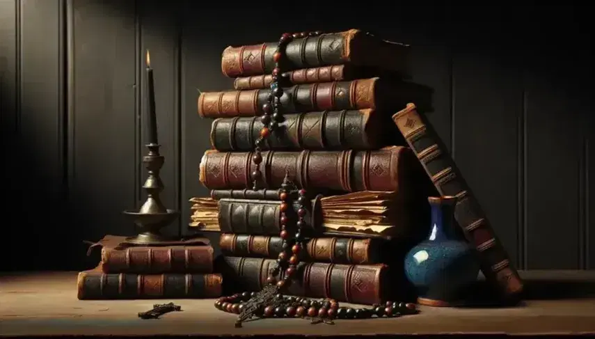 Pila disordinata di antichi libri in pelle con angoli metallici e rosario scuro sopra, accanto a lampada ad olio blu su tavolo in legno.