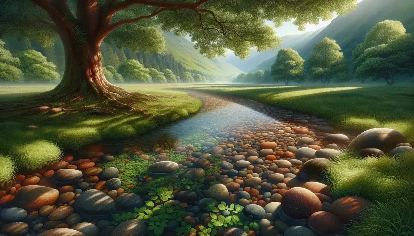 Tranquil natural scene with clear stream, leafy tree, green hills and meditating person under blue sky.