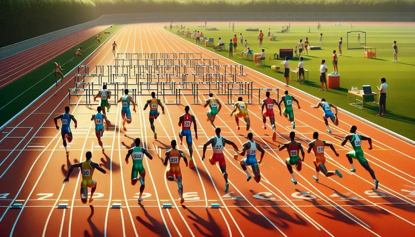 Pista de atletismo al aire libre con atletas compitiendo en sprint y equipos de relevos preparándose, bajo un cielo azul con nubes dispersas.