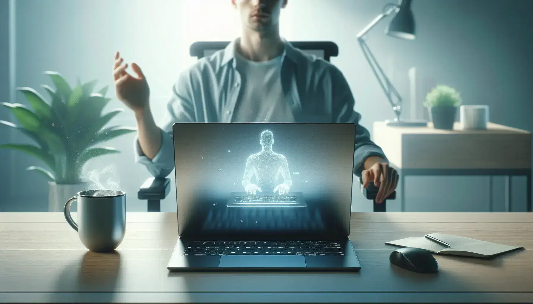 Modern office environment with silver laptop, cup of coffee and professional at work, large windows with city view at sunset.