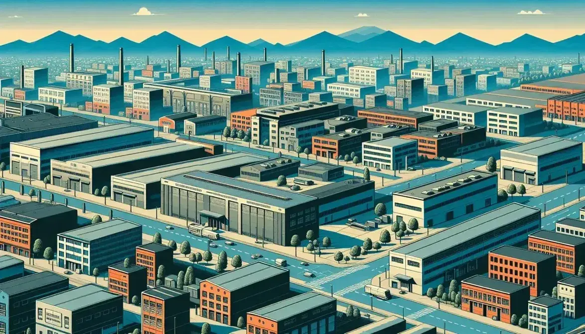 Vista aérea de un distrito industrial con edificios rectangulares y calles en cuadrícula, colindante con un barrio residencial y montañas al fondo en un día claro.