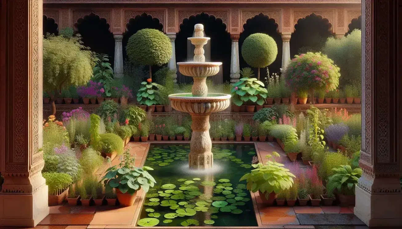 Lush Mughal-era herbal garden with a white marble fountain, vibrant flowers, terracotta potted plants, and a peacock under the golden afternoon sun.