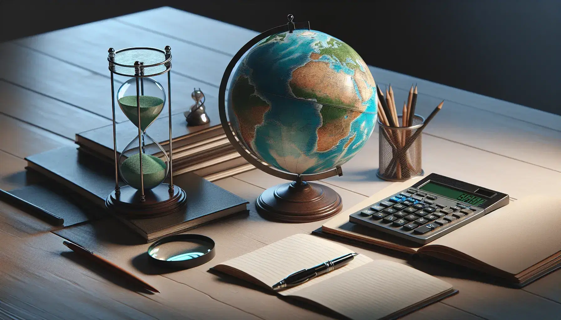 Mesa de madera clara con globo terráqueo, lupa sobre papeles, calculadora científica, reloj de arena y cuaderno abierto con pluma estilográfica.