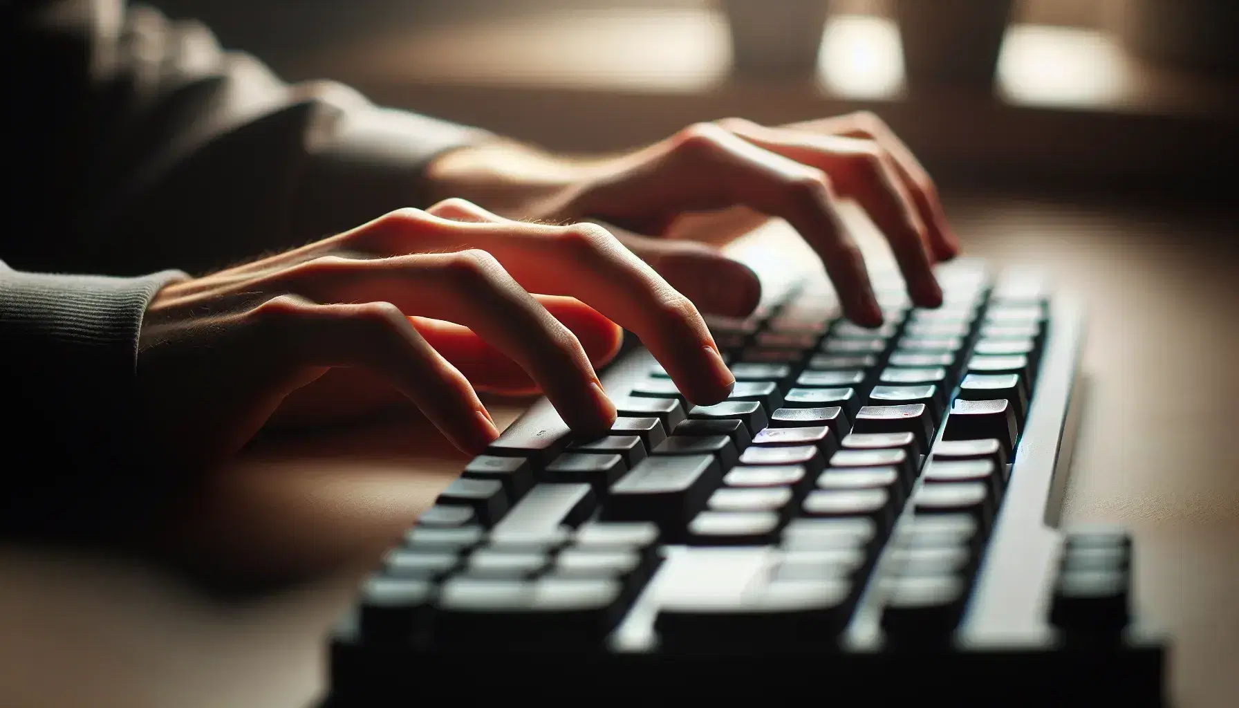 Hands resting on a QWERTY keyboard without visible letters, fingers ready to type in a bright and neutral environment.