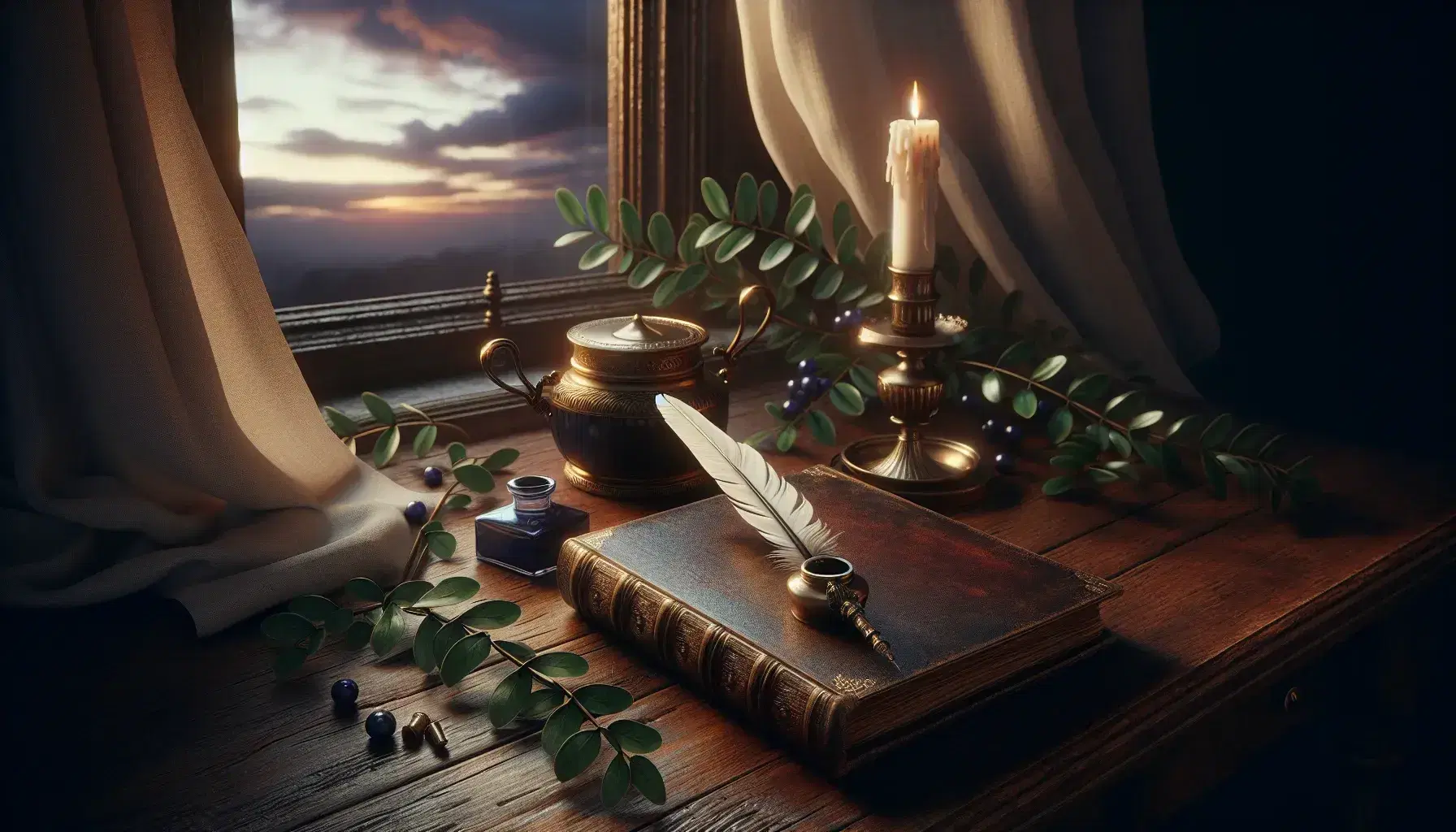 Scrivania antica in legno scuro con calamaio in ottone, piuma bianca, libro rilegato in pelle, candela e finestra sul tramonto.