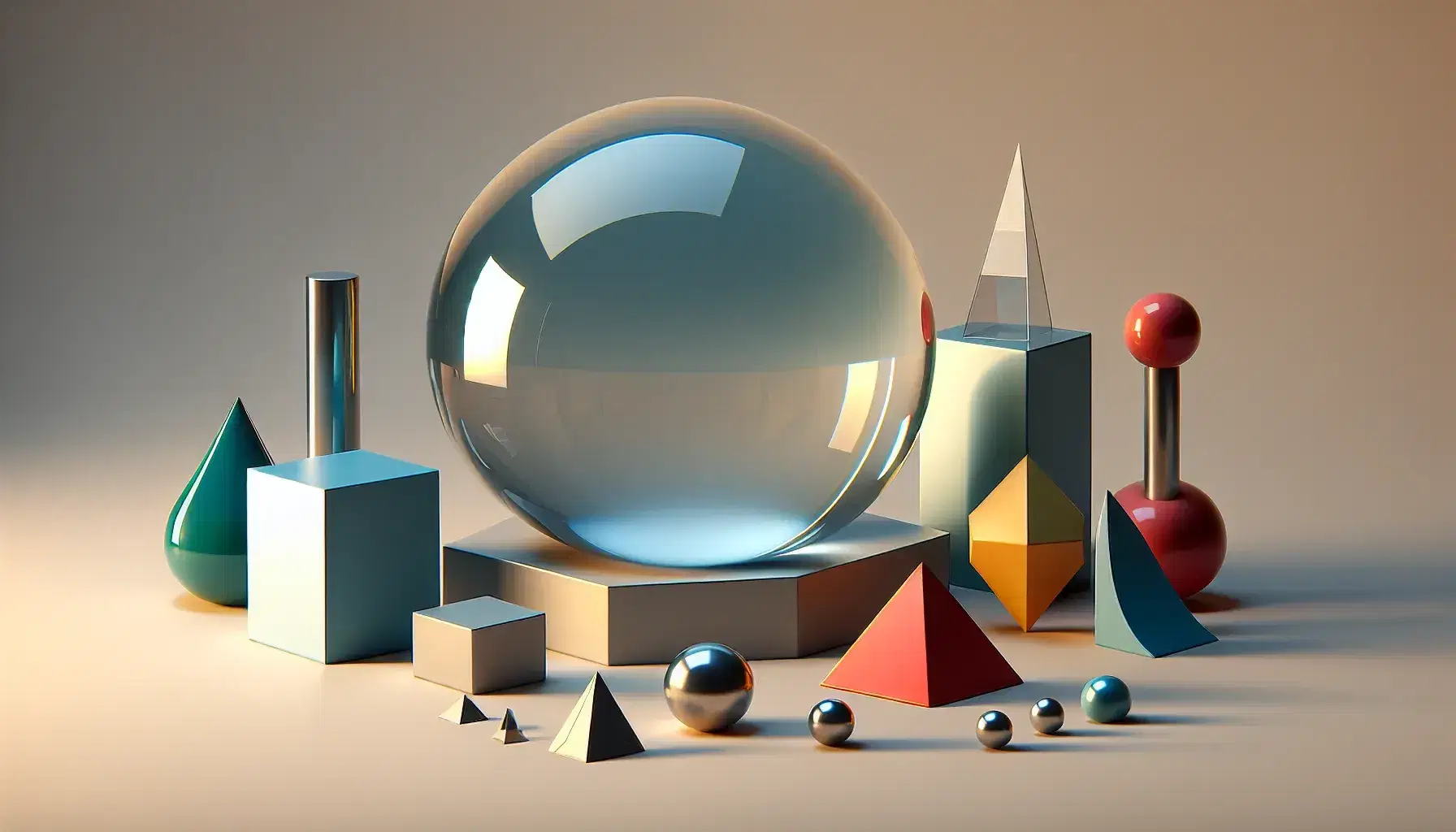 Assorted 3D geometric shapes with a transparent sphere, blue cube, red cylinder, green cone, yellow pyramid, silver tetrahedron, and orange octahedron on a light background.