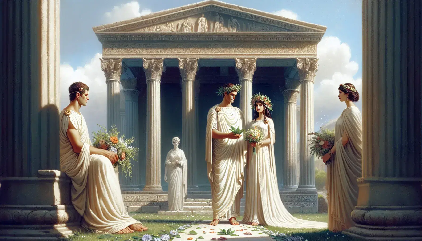 Sposi romani antichi con corone floreali celebrano matrimonio all'aperto, fiancheggiati da testimoni e colonne corinzie.