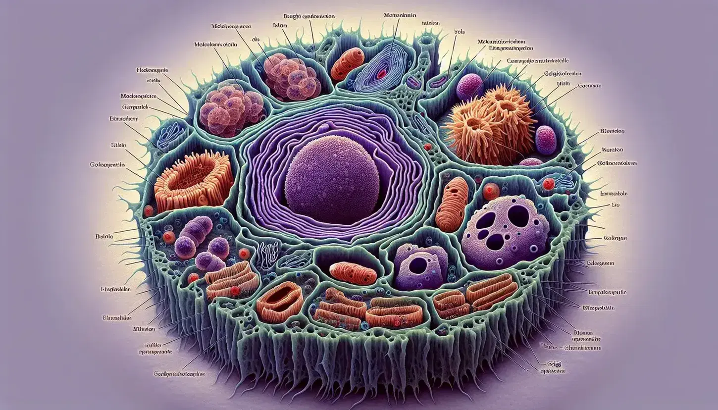 Vista microscópica de célula eucariota destacando núcleo púrpura, citoplasma azul claro, mitocondrias rojas, retículo endoplásmico y aparato de Golgi.