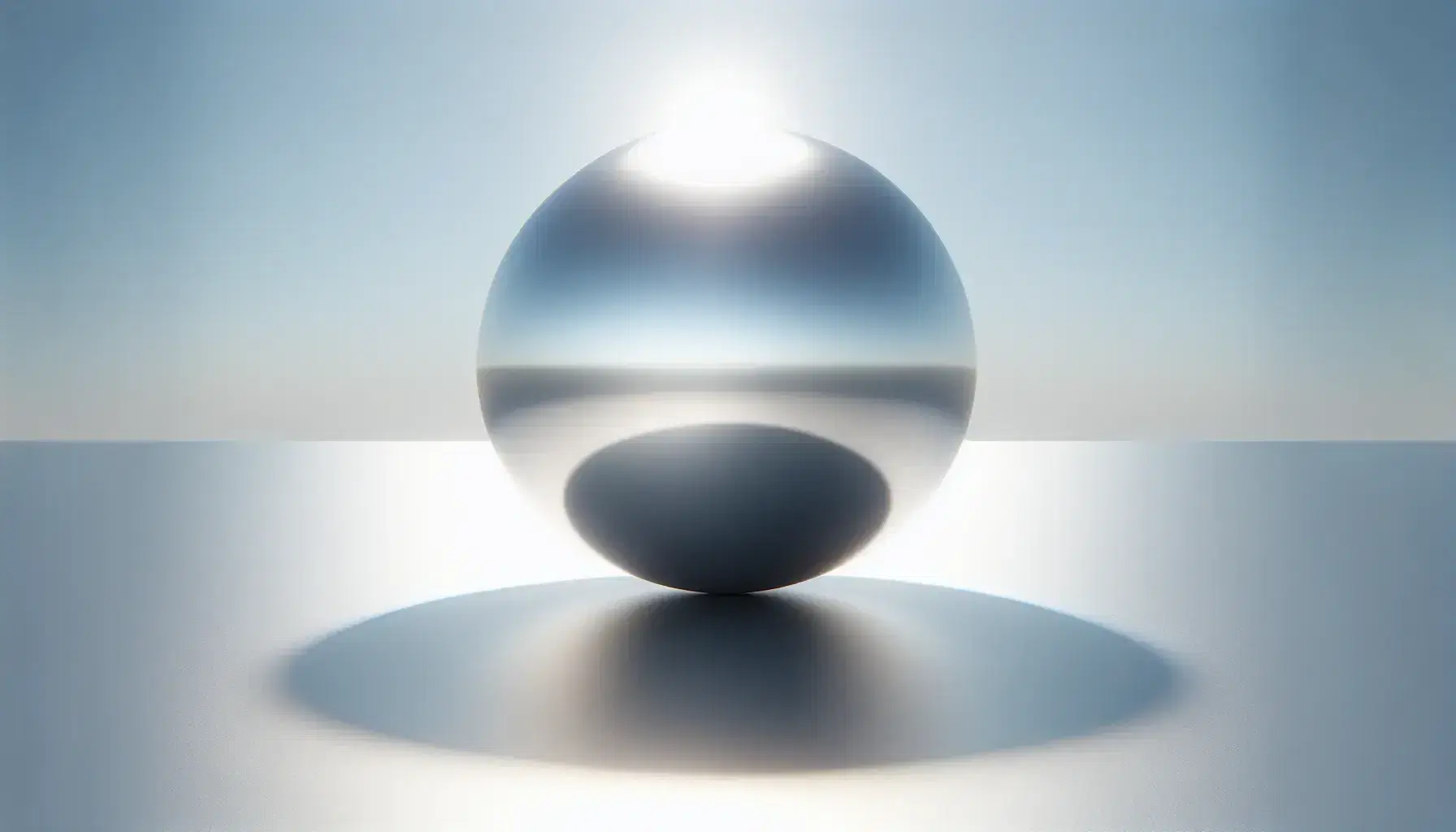 Sfera metallica lucida riflette luce su superficie liscia grigia con ombra circolare e sfondo cielo azzurro sereno.