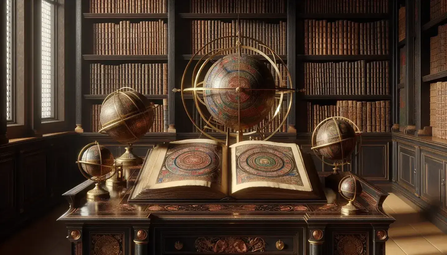 Scena di antica biblioteca con scrivania in legno, libro aperto con miniature medievali e sfere armillari, scaffali con libri rilegati e calamaio con penna d'oca.