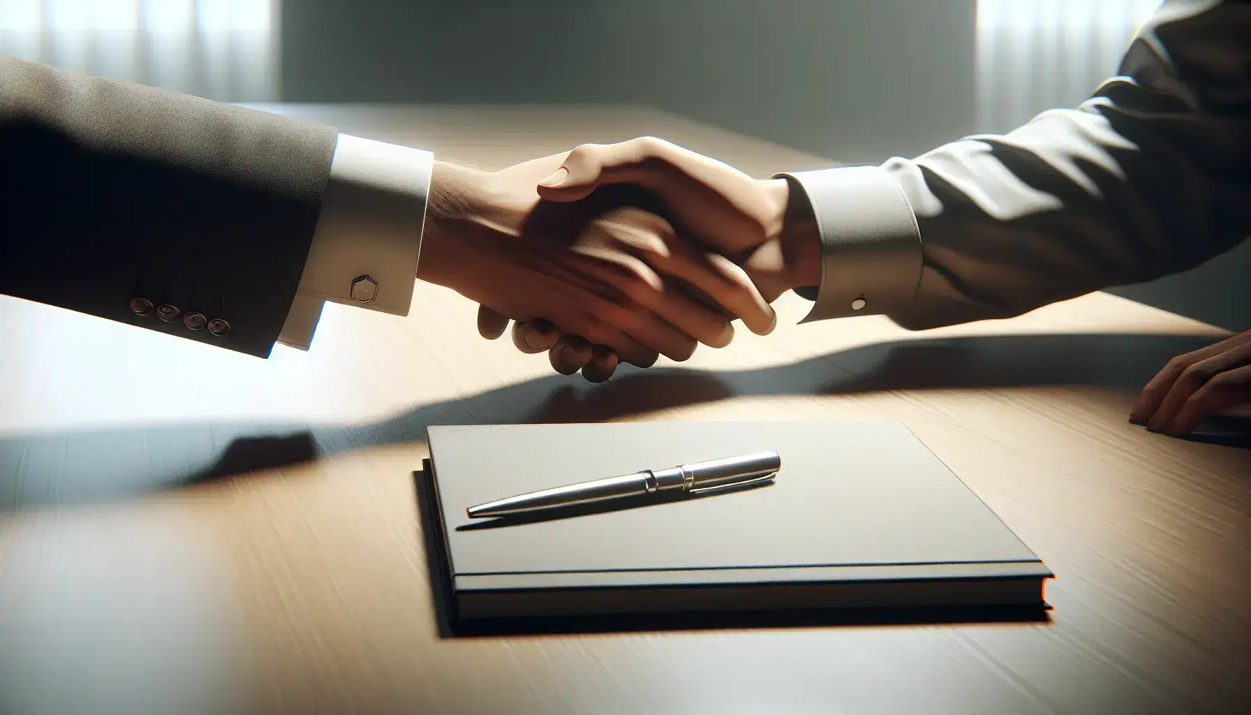 Two hands engaging in a firm handshake, one in a formal suit sleeve, the other in a casual shirt, over a modern light wood desk with a pen and closed book.