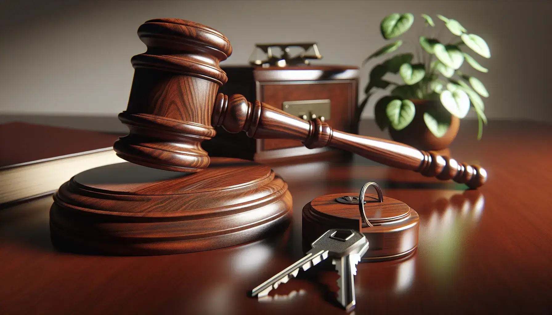 Wooden judge gavel on strike block with three metal keys beside and blurry green plant in background, on mahogany desk.