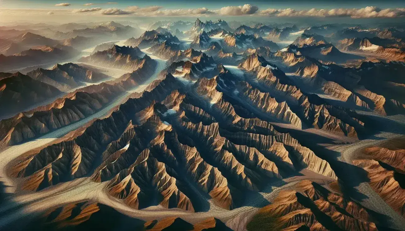 Vista aerea di una catena montuosa con cime innevate e valli, contrasto tra vegetazione verde e rocce marroni sotto un cielo azzurro.