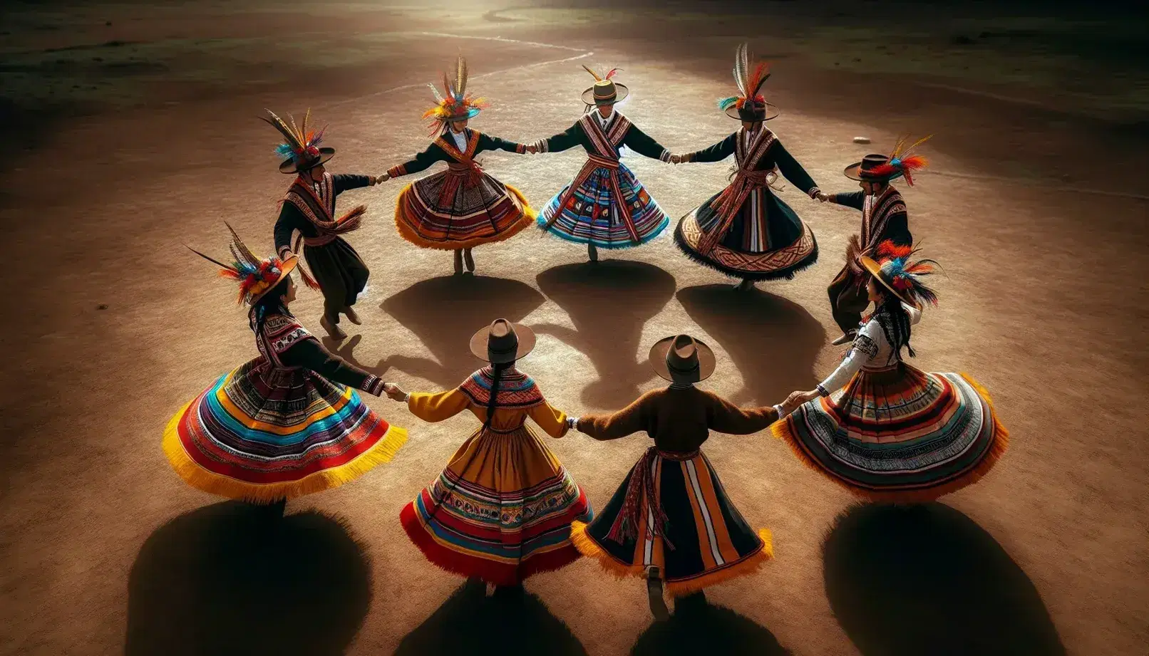 Cuatro bailarines en atuendos tradicionales coloridos realizan danza folclórica en círculo al aire libre, con sombreros adornados y faldas amplias.