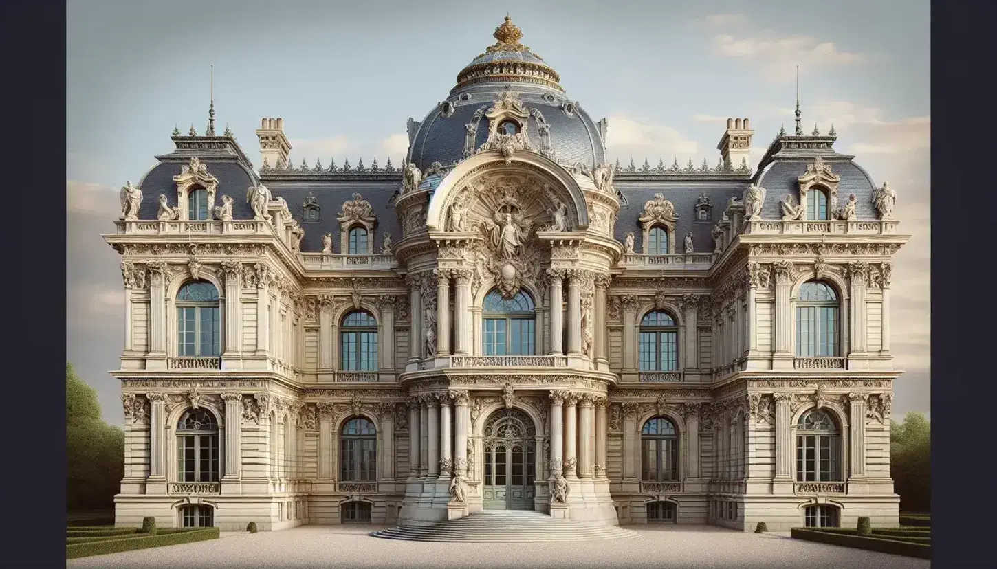Opulent Second French Empire palace with symmetrical wings, central dome, intricate sculptures, and a statue of a military figure in the foreground.