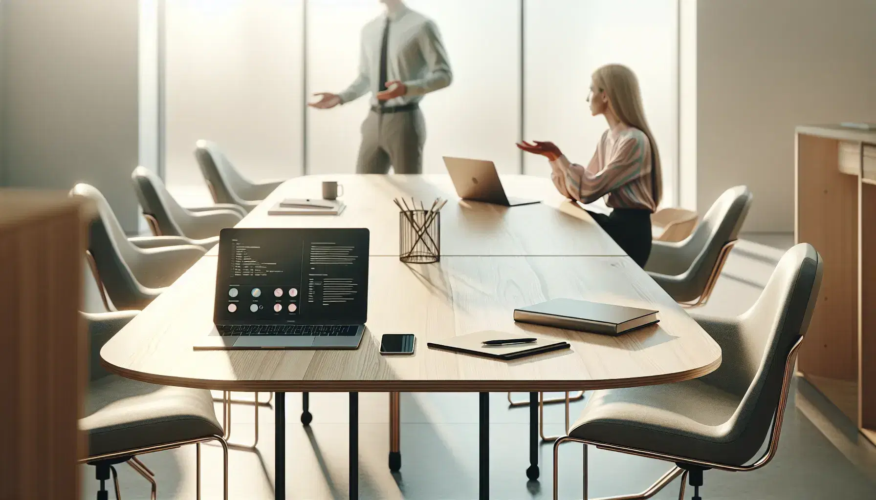 Oficina moderna y luminosa con dos personas en sillas ergonómicas, una escuchando y otra gesticulando, mesa con portátil y smartphone, ventana con cielo azul.